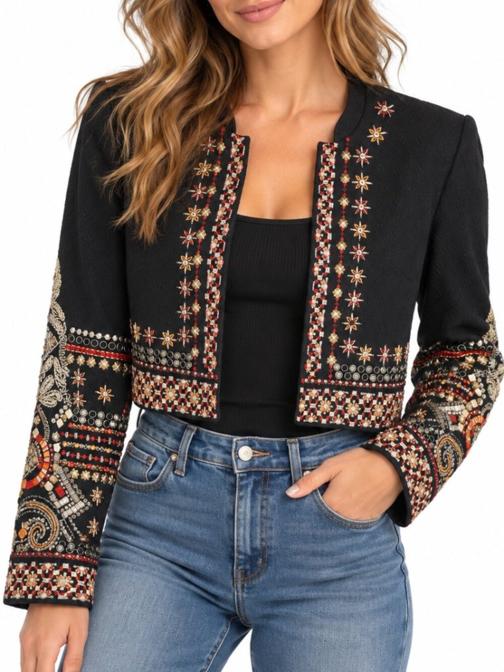 ECOTE Beaded Open Front Cropped Blazer Jacket Black Red Medium Artsy Boho Anthro